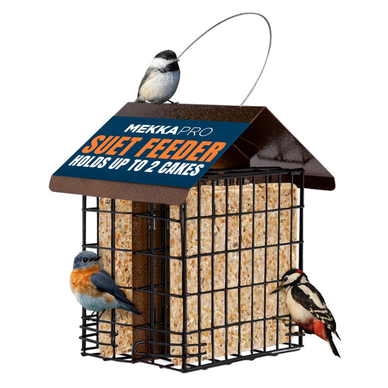 MEKKAPRO Suet Feeder for Outside Hanging Metal Roof, Woodpecker Feeder, Two Suet Bird Feeder Capacity, Cage Hanger Hanging Bird Feeder Easily Fits 2 Suet Cakes Holder - Wild Bird Feeder Basket - Image 1